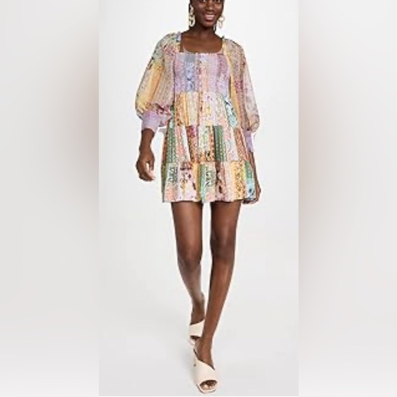 Alice + Olivia Rowen Puff Sleeve Tiered Skirt Tunic Chiffon Mini Dress - Picture 6 of 16